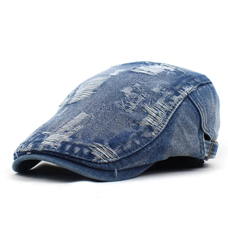 Blue Ripped Style Beret Newsboy Cap