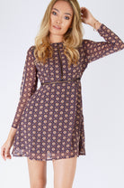 Stylish Navy Long Sleeve Tea Dress With Ditsy Floral Print